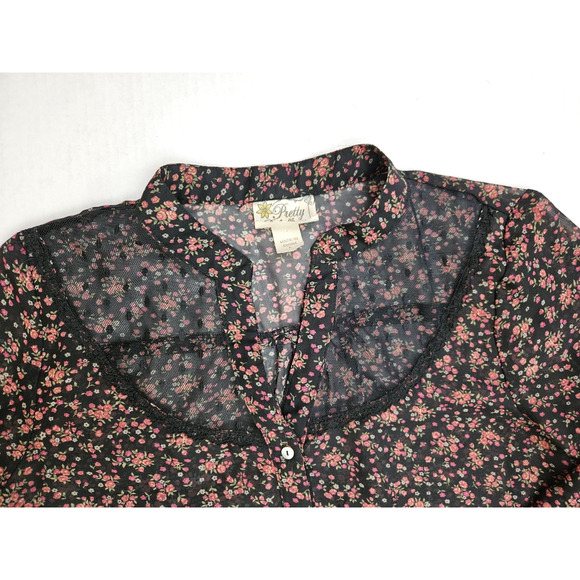 Y2K Sheer Blouse Women's Large Floral Button Front Top Fairy whimsygoth Lace - Picture 6 of 6